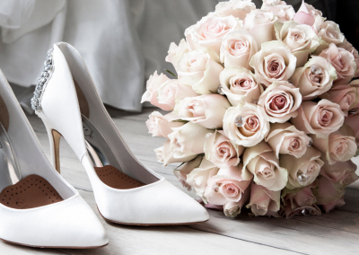 wedding bouquet and white heels
