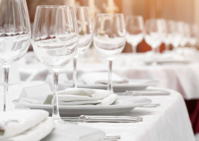 glasses on a round table for a corporate event